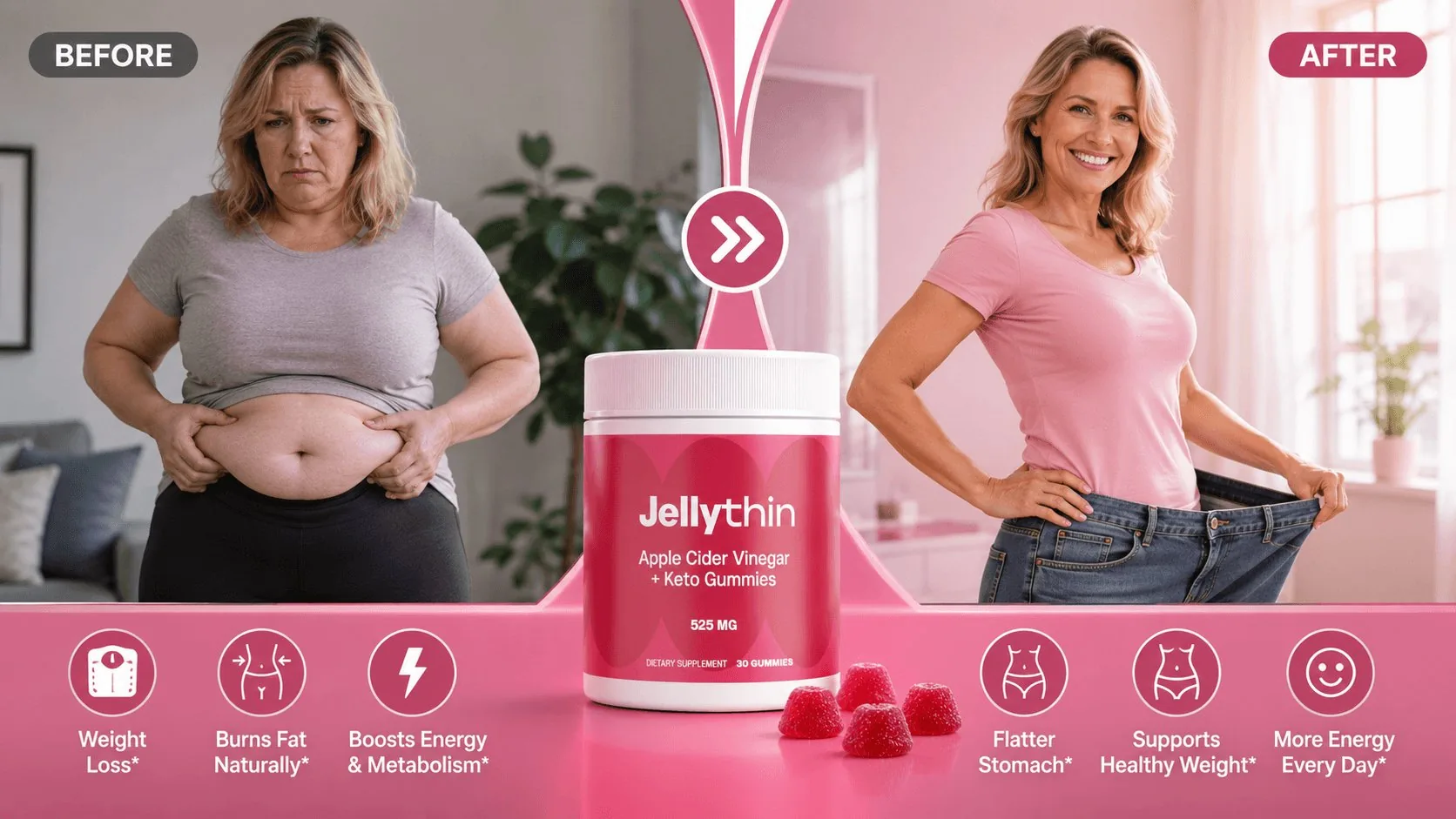 JellyThin before and after transformation showing weight loss and flatter stomach